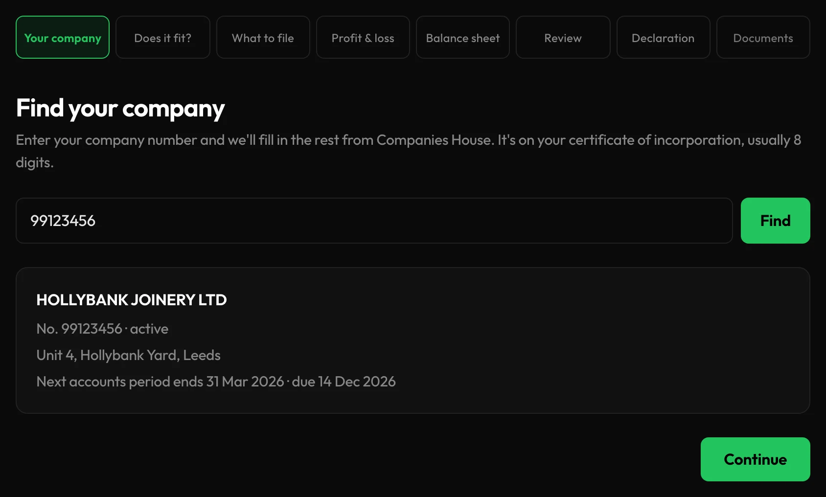 Step 1: the company number 99123456 entered and Hollybank Joinery Ltd found, with its next accounts period ending 31 March 2026, due 14 December 2026