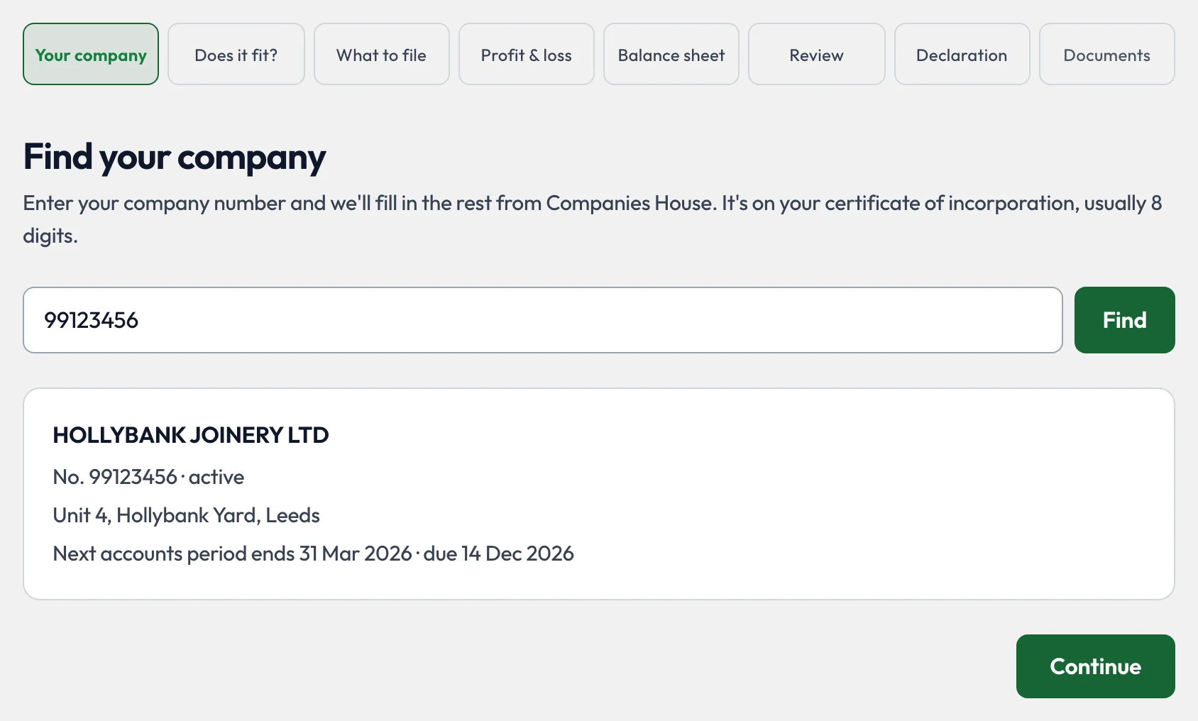 Step 1: the company number 99123456 entered and Hollybank Joinery Ltd found, with its next accounts period ending 31 March 2026, due 14 December 2026