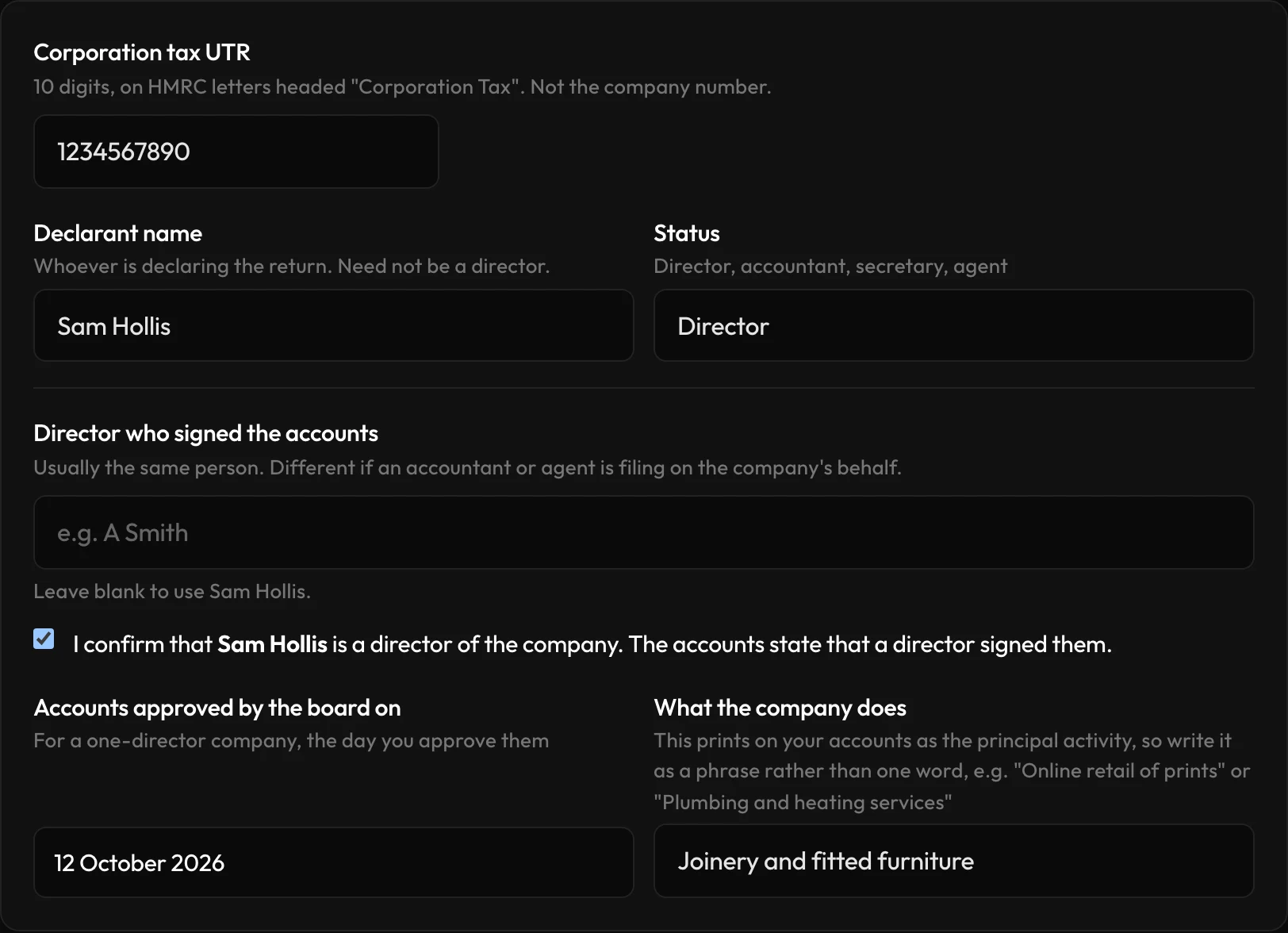 Step 7: the declaration with the UTR, Sam Hollis as declarant and director, accounts approved 12 October 2026, and the company's activity