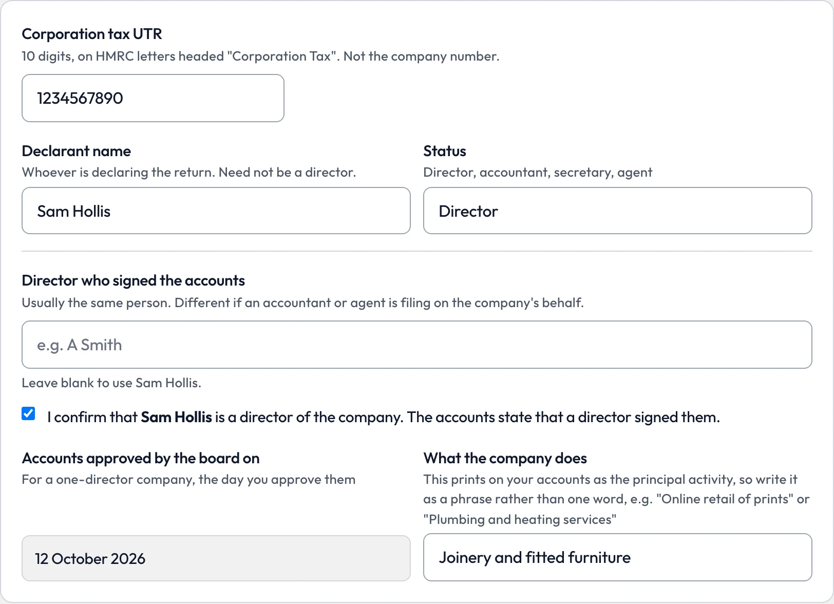 Step 7: the declaration with the UTR, Sam Hollis as declarant and director, accounts approved 12 October 2026, and the company's activity