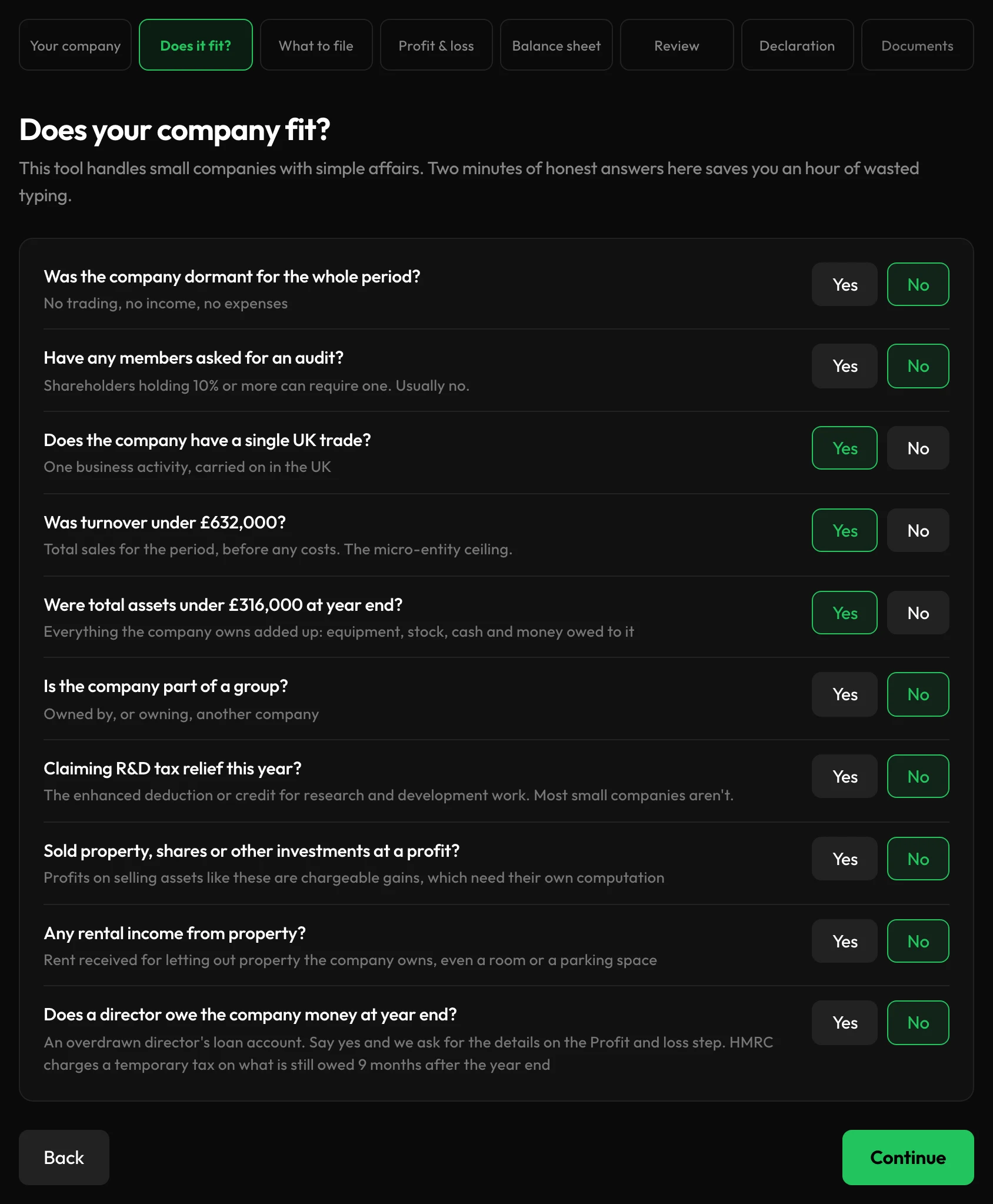 Step 2: ten yes or no questions about dormancy, audit, a single UK trade, turnover, assets, groups, R&D, gains, rental income and director's loans