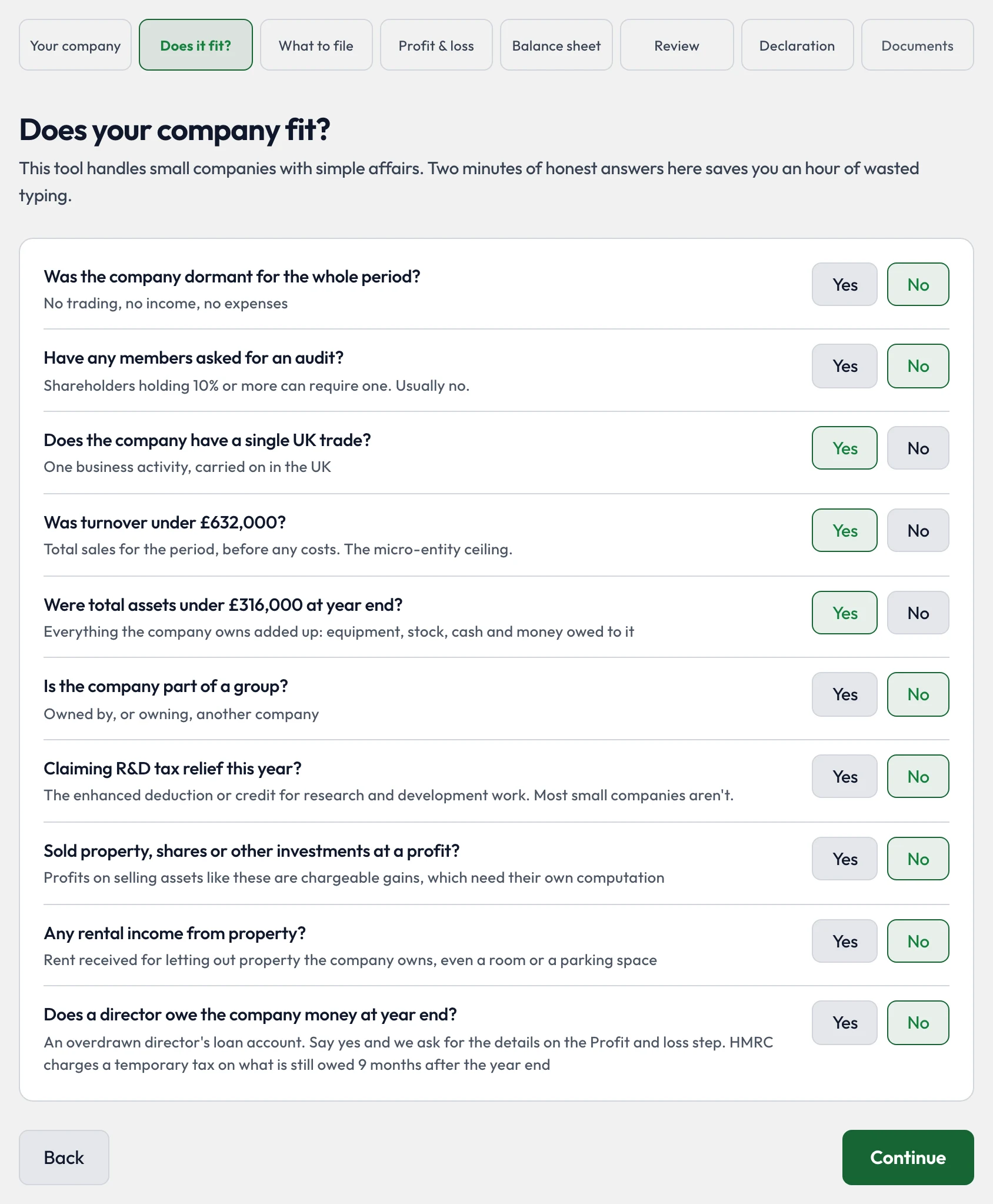 Step 2: ten yes or no questions about dormancy, audit, a single UK trade, turnover, assets, groups, R&D, gains, rental income and director's loans