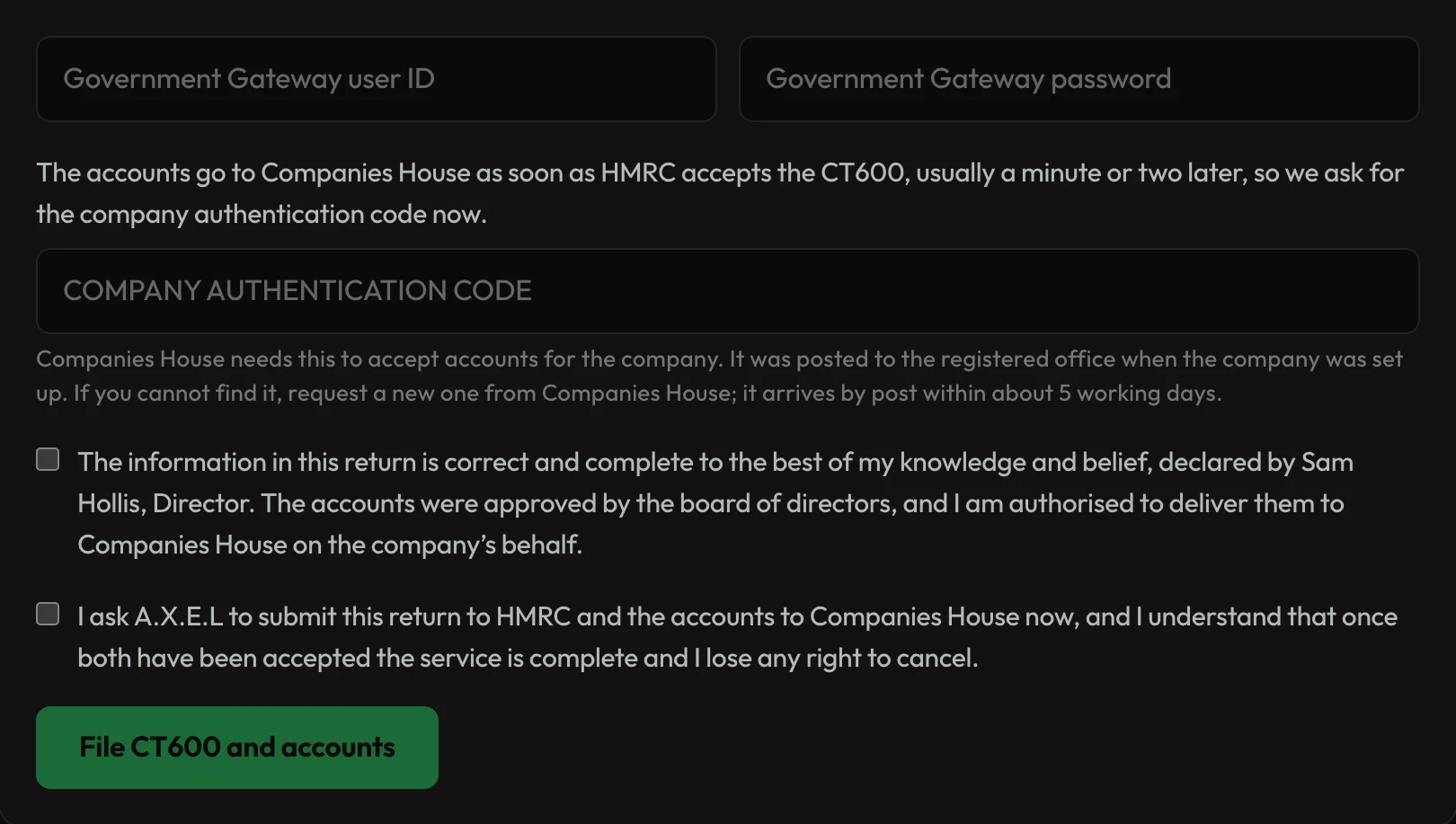 The filing form: Government Gateway user ID and password, the company authentication code, the declaration and the request to file now
