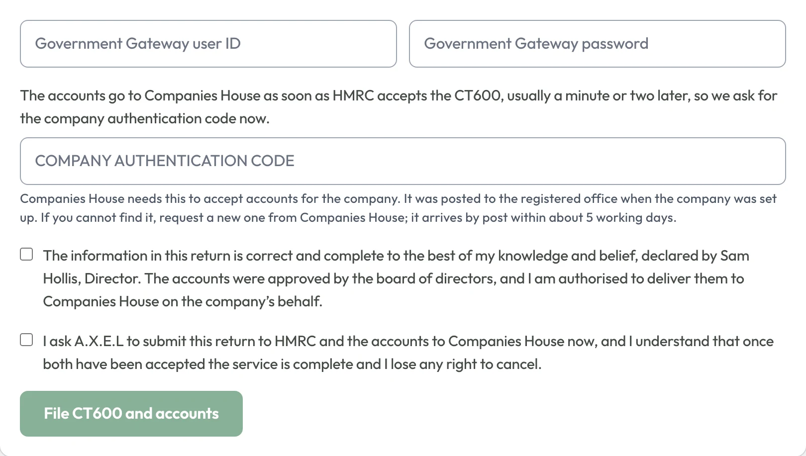 The filing form: Government Gateway user ID and password, the company authentication code, the declaration and the request to file now