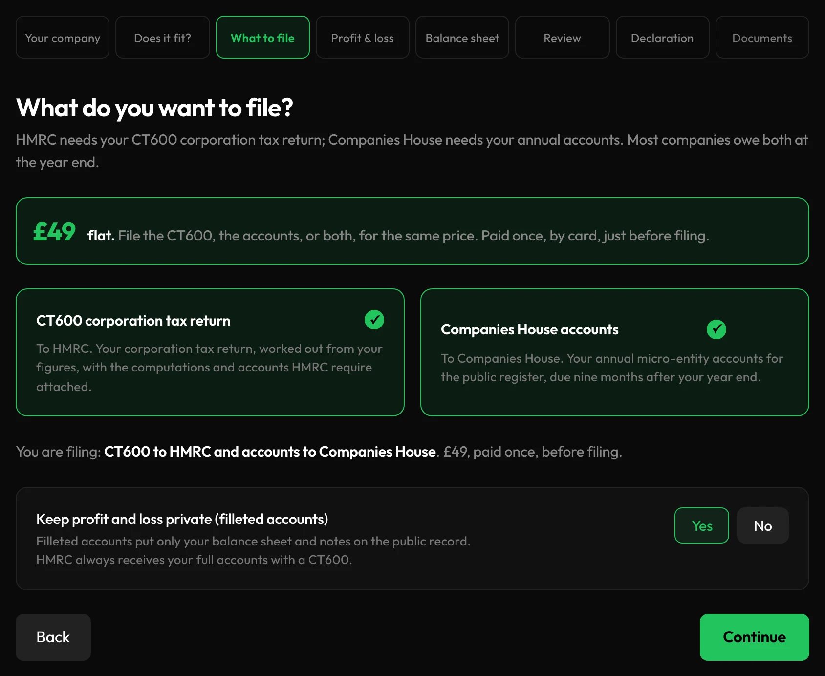 Step 3: CT600 corporation tax return and Companies House accounts both selected, £49 flat, filleted accounts on