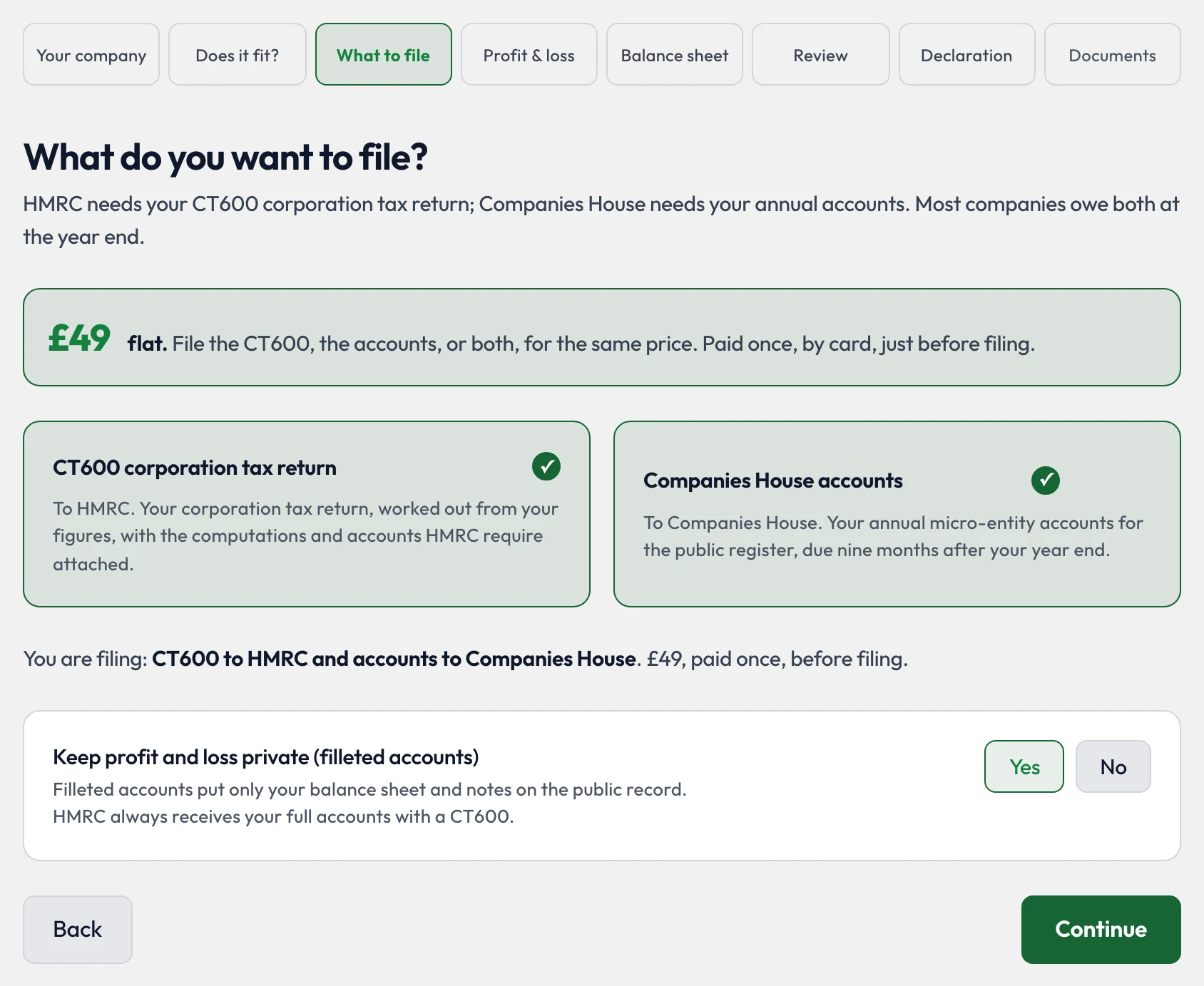 Step 3: CT600 corporation tax return and Companies House accounts both selected, £49 flat, filleted accounts on
